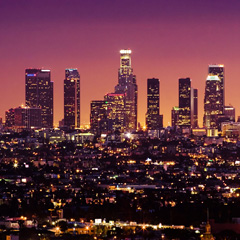 The lit-up city of Los Angeles, California at sunset